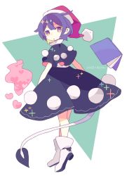 Rule 34 | 1girl, :o, absurdres, ankle boots, aqua background, arms at sides, bad id, bad tumblr id, black bow, blue hair, book, boots, border, bow, character name, daizu (melon-lemon), dark blue hair, doremy sweet, dream soul, eyes visible through hair, floating, floating book, floating object, footwear bow, from behind, full body, fur-trimmed headwear, fur trim, gradient eyes, hair behind ear, hair between eyes, hat, heart, heel up, high collar, high heel boots, high heels, highres, looking at viewer, looking back, multicolored eyes, nightcap, no nose, outside border, parted lips, pom pom (clothes), purple eyes, red hat, shoe soles, short sleeves, solo, standing, tail, tapir tail, touhou, triangle, two-tone background, white border, white footwear