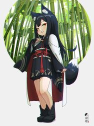 Rule 34 | 1girl, animal ear fluff, animal ears, bamboo, bamboo forest, bike shorts, black footwear, black hair, black hakama, black kimono, black shorts, boots, bridal gauntlets, commentary request, forest, fox ears, fox girl, fox tail, full body, green eyes, grey background, grin, hakama, hakama short skirt, hakama skirt, hand up, highres, japanese clothes, kimono, kuro kosyou, long hair, long sleeves, looking at viewer, nature, original, shadow, short shorts, shorts, skirt, smile, solo, standing, tail, very long hair, wide sleeves
