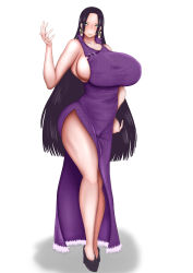 Rule 34 | 1girl, bare shoulders, black hair, boa hancock, breasts, dress, full body, highres, huge breasts, jewelry, long dress, long hair, one piece, sideboob, smile, solo, standing