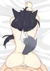 Rule 34 | 1boy, 1girl, animal ears, ass, azur lane, back, bed sheet, black hair, completely nude, cum, cum in pussy, deep penetration, doggystyle, grey tail, hetero, highres, nude, on bed, ponytail, sbeve2004, sex, sex from behind, sheet grab, shigure (azur lane), tail