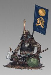 Rule 34 | 1boy, armor, black eyes, dou, full armor, full body, gauntlets, grey background, helmet, highres, holding, indian style, japanese armor, kabuto (helmet), katana, kote, kurokote, kusazuri, menpoo, original, pauldrons, samurai, sheath, sheathed, shikoro, short sword, shoulder armor, simple background, sitting, sode, solo, suneate, sword, takahito, tantou, weapon