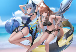 Rule 34 | :p, absurdres, animal ear fluff, animal ears, arknights, arm strap, ball, bare arms, bare shoulders, barefoot, beach, beachball, bikini, black bikini, blue hair, blue one-piece swimsuit, blue sky, blue umbrella, breasts, brown eyes, brown hair, cellphone, cloud, cloudy sky, competition swimsuit, covered navel, day, dragon horns, dragon tail, earbuds, earphones, extra ears, feet out of frame, fox ears, fox tail, franka (arknights), full body, hand up, highres, holster, horns, innertube, large breasts, light blue hair, liskarm (arknights), long hair, looking at viewer, multicolored clothes, multicolored swimsuit, navel, one-piece swimsuit, phone, ponytail, red eyes, sky, smartphone, sthk, stomach, swim ring, swimsuit, tail, thigh strap, thighs, tongue, tongue out, umbrella, very long hair, white one-piece swimsuit