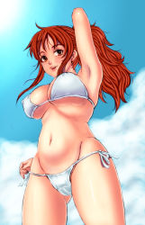 Rule 34 | 1girl, akira (yuibnm71), arm up, armpits, bikini, blush, breasts, brown eyes, brown hair, cameltoe, cloud, covered erect nipples, cowboy shot, crotch, day, earrings, from below, highres, jewelry, large breasts, lips, long hair, looking at viewer, looking down, nami (one piece), navel, one piece, outdoors, ponytail, side-tie bikini bottom, skindentation, sky, smile, solo, standing, swimsuit, thighs, underboob, white bikini