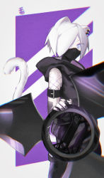 Rule 34 | 1girl, animal ears, arknights, arm strap, black hoodie, black mask, black pants, blue eyes, ear piercing, feet out of frame, fishnet sleeves, fishnets, hair over one eye, highres, holding, holding shuriken, holding weapon, hood, hood down, hoodie, looking at viewer, mask, mouth mask, oversized object, pants, piercing, revealing clothes, ruihong0, shirayuki (arknights), short hair, shuriken, solo, stoat girl, tail, tail raised, weapon, weasel ears, weasel tail