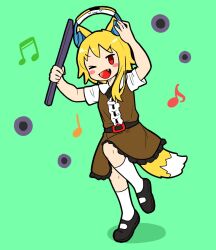 Rule 34 | 1girl, :d, animal ears, asymmetrical hair, belt, black belt, black bow, black bowtie, black footwear, blonde hair, blush, bow, bowtie, brown dress, bseibutsu, center frills, collared shirt, commentary request, cookie (touhou), dress, fang, flat chest, food, fox ears, fox girl, fox tail, frilled dress, frills, full body, green background, hand on headphones, headphones for animal ears, holding, holding stick, looking at viewer, mary janes, medium hair, miramikaru riran, musical note, omelet, one eye closed, open mouth, red eyes, shirt, shoes, short bangs, short sleeves, sidelocks, simple background, sleeveless, sleeveless dress, smile, socks, solo, stick, tail, tamagoyaki, white shirt, white socks