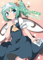 Rule 34 | 1girl, absurdres, ascot, blue dress, blue eyes, cirno, commentary request, daiyousei, do (4-rt), dress, fairy wings, green hair, highres, long hair, looking at viewer, object on head, panties, panties on head, photo (object), puffy short sleeves, puffy sleeves, short sleeves, side ponytail, smile, solo, touhou, translated, underwear, v-shaped eyebrows, white panties, wings, yellow ascot