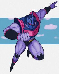 Rule 34 | 1boy, abs, absurdres, armor, artist request, biceps, crossed arms, full body, helmet, highres, jumping, kinnikuman, large pectorals, looking at viewer, manly, muscular, pectorals, red eyes, robin mask, shaded face, solo