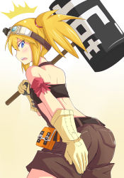 Rule 34 | 1girl, armband, ass, atlus, back, bag, bare shoulders, bernd workshop, blonde hair, blue eyes, blush, covering privates, embarrassed, flat chest, from behind, gloves, goggles, hammer, highres, kitayama miuki, long hair, looking back, open mouth, overalls, ponytail, satchel, etrian odyssey, sekaiju no meikyuu 4, solo, surprised