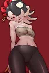 Rule 34 | 1girl, alternate color, black hair, black lips, chest sarashi, cowboy shot, eyeshadow, hair over one eye, halloween, halloween costume, highres, makeup, midriff, navel, nintendo, octoling player character, pants, parted lips, pero (pero7762), red background, red eyes, sarashi, shiver (splatoon), smile, solo, splatoon (series), splatoon 3, tentacle hair, tight clothes, tight pants