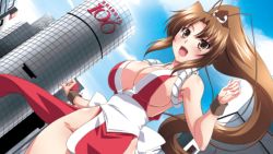 Rule 34 | 1girl, armpits, bare shoulders, blue sky, breasts, brown eyes, brown hair, building, collarbone, curvy, fatal fury, female focus, hand fan, happy, highleg, highres, hip focus, huge breasts, legs, long hair, lying, muscular, ninja, no bra, open mouth, ponytail, queen&#039;s blade, queen&#039;s gate, running, shiny skin, shiranui mai, simple background, sky, smile, snk, solo, the king of fighters, tongue, wide hips