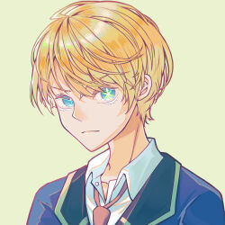 Rule 34 | 1boy, absurdres, blazer, blonde hair, blue eyes, blue jacket, closed mouth, collared shirt, commentary request, dress shirt, epo (0epo0), green background, hair between eyes, highres, hoshino aquamarine, jacket, looking at viewer, male focus, mismatched pupils, necktie, oshi no ko, red necktie, school uniform, shadow, shirt, short hair, sidelocks, simple background, solo, star-shaped pupils, star (symbol), symbol-shaped pupils, upper body, white shirt, youtou high school uniform