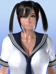 Rule 34 | 1girl, 3d, black hair, breasts, brown eyes, cleavage, large breasts, lipstick, looking at viewer, makeup, sailor, solo, tan, twintails, umemaro, upper body