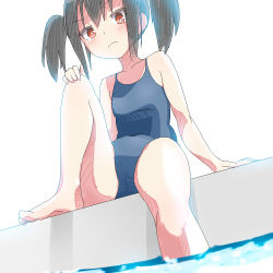 Rule 34 | 1girl, black hair, blush, cameltoe, coffee (ecafree2), collarbone, leg up, one-piece swimsuit, partially submerged, pool, poolside, red eyes, short twintails, simple background, solo, swimsuit, twintails, water, white background