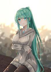 Rule 34 | 1girl, alternate costume, between legs, breasts, casual, chest jewel, cowboy shot, green eyes, green hair, hand between legs, highres, large breasts, long hair, long sleeves, looking at viewer, pantyhose, pneuma (xenoblade), ponytail, ribbed sweater, sarasadou dan, sitting, solo, spoilers, sweater, swept bangs, very long hair, xenoblade chronicles (series), xenoblade chronicles 2