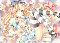 Rule 34 | 1girl, alice (alice in wonderland), alice in wonderland, ass, bad id, bad pixiv id, black bow, black footwear, black thighhighs, blonde hair, blue dress, blue eyes, blush, bow, checkered background, closed mouth, colored pencil (medium), dress, hair bow, knees together feet apart, light smile, long hair, looking at viewer, marker (medium), mary janes, original, potto, puffy short sleeves, puffy sleeves, sample watermark, shoes, short sleeves, sitting, smile, solo, striped clothes, striped thighhighs, thighhighs, thighs, traditional media, watermark, white thighhighs