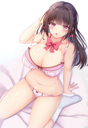 Rule 34 | 1girl, :o, arm support, bed sheet, black hair, blunt bangs, blush, bow, bow panties, bra, breasts, cleavage, comiket 99, commentary request, hair ribbon, hand in own hair, highres, lace, lace-trimmed bra, lace trim, large breasts, long hair, looking at viewer, nao (naobinarydigit), navel, open mouth, original, panties, purple eyes, ribbon, sitting, socks, solo, stomach, underwear, underwear only, wariza, white socks