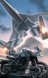 Rule 34 | cloud, commentary, commentary request, energy gun, engine, flying, gerwalk, highres, k-kat, kikou souseiki mospeada, legioss, lights, machinery, mecha, mospeada, mospeada (mecha), motor vehicle, motorcycle, no humans, realistic, robot, science fiction, thrusters, variable fighter, vehicle focus, weapon