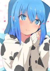 Rule 34 | 1girl, alternate costume, animal print, arms up, blue eyes, blue hair, blush, bright pupils, chinese zodiac, cirno, cow print, floral background, hair between eyes, hair ribbon, head tilt, heart, highres, hood, hood down, hoodie, looking at viewer, mizune (winter), own hands together, patterned background, ribbon, short hair, sleeves past wrists, smile, solo, touhou, white background, white pupils, year of the ox