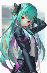 Rule 34 | 1girl, absurdres, arm behind head, arm up, black jacket, black ribbon, black skirt, blue bow, blue bowtie, bow, bowtie, butterfly hair ornament, colored inner hair, commentary request, cowboy shot, green hair, hair ornament, hair ribbon, highres, hololive, jacket, long sleeves, looking at viewer, multicolored hair, open clothes, open jacket, parted lips, plaid, plaid skirt, purple hair, red eyes, ribbon, scottie (phantom2), shirt, skirt, solo, standing, uruha rushia, uruha rushia (school uniform), virtual youtuber, white shirt