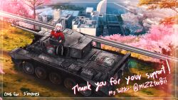 Rule 34 | 1girl, absurdres, blue eyes, border, city, commentary, day, emblem, english commentary, english text, grey hair, guard rail, hand in own hair, highres, jacket, long sleeves, looking at viewer, military vehicle, mizzterbii, motor vehicle, open mouth, original, outdoors, red jacket, smile, solo, st. gloriana&#039;s (emblem), st. gloriana&#039;s military uniform, tank, twitter username, vehicle focus, vehicle request, white border