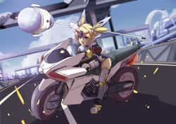 Rule 34 | absurdres, android, blonde hair, child, city, gloves, hair ornament, hammer, highres, mecha musume, motor vehicle, motorcycle, original, road, robot, solo, street, sudhiro sappurisa, twintails, weapon, white gloves, yellow eyes