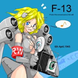 Rule 34 | 1girl, aircraft, airplane, armband, b-29, b-29 superfortress, bare shoulders, blonde hair, blue eyes, breasts, camera, camera flash, character name, cleavage, dated, elbow gloves, from above, glasses, gloves, graflex speed graphic, gun, holding, holding camera, jaggy lines, konoekihei, musical note, open mouth, original, photo background, quaver, ship, simple background, solo, spoken musical note, thighs, turret, watercraft, weapon, world war ii, yamato (battleship)