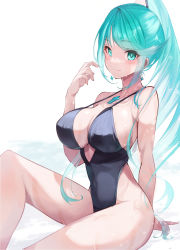Rule 34 | 1girl, breasts, chest jewel, duplicate, earrings, green eyes, green hair, highres, jewelry, large breasts, long hair, one-piece swimsuit, pixel-perfect duplicate, pneuma (xenoblade), ponytail, risumi (taka-fallcherryblossom), simple background, solo, swept bangs, swimsuit, very long hair, white background, xenoblade chronicles (series), xenoblade chronicles 2