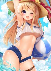 Rule 34 | 1girl, ;d, arm up, armpits, ball, beachball, blonde hair, blue shorts, blue sky, blush, bow, breasts, brown hat, carrying, carrying under arm, cloud, cloudy sky, collarbone, commentary request, crop top, day, flower, hair ornament, hairclip, hat, hat bow, hat flower, highres, kin-iro mosaic, kujou karen, long hair, looking at viewer, medium breasts, minato ojitan, navel, off shoulder, one eye closed, open clothes, open fly, open mouth, open shorts, outdoors, palm tree, purple eyes, red bow, shirt, short shorts, short sleeves, shorts, sky, smile, solo, straw hat, thigh strap, tree, underboob, very long hair, white shirt, x hair ornament, yellow flower