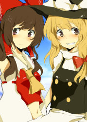 Rule 34 | 2girls, bare shoulders, blonde hair, blush, bow, brown eyes, brown hair, buttons, clenched teeth, embarrassed, female focus, hair bow, hakurei reimu, hat, kirisame marisa, large bow, long hair, mono (recall), multiple girls, navel, teeth, touhou, witch, witch hat