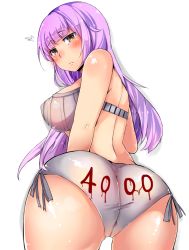 Rule 34 | 1girl, arched back, ass, back, bare shoulders, blush, breasts, brown eyes, female focus, large breasts, long hair, looking at viewer, looking back, milestone celebration, panties, patchouli knowledge, purple hair, shiny skin, side-tie panties, simple background, sinonomescocoa, solo, surprised, touhou, underwear, very long hair, white background