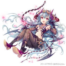 Rule 34 | 1girl, :d, armpits, bare shoulders, beads, blue hair, breasts, company name, demon girl, elbow gloves, eyebrows, fang, gloves, glowing, headpiece, horns, jewelry, long hair, looking at viewer, madogawa, navel, necklace, official art, open mouth, original, pantyhose, pleated skirt, red eyes, shoes, simple background, skirt, small breasts, smile, solo, tower of dragon, very long hair, white background