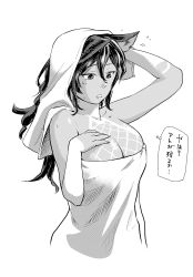 Rule 34 | 1girl, animal ears, breasts, cleavage, commentary request, erune, granblue fantasy, greyscale, highres, ilsa (granblue fantasy), large breasts, long hair, monochrome, naked towel, solo, tan, tanline, thought bubble, towel, towel on head, translation request, upper body, uzuki noboru (denchuu shoujo)