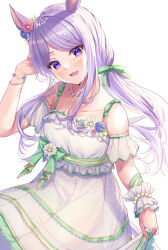 Rule 34 | 1girl, animal ears, blush, collarbone, commentary request, detached sleeves, ear ornament, ear wreath, empire waist, flower bracelet, highres, horse ears, horse girl, jewelry, long hair, looking at viewer, low twintails, mejiro mcqueen (ripple fairlady) (umamusume), mejiro mcqueen (umamusume), necklace, official alternate costume, parted bangs, primamiya, purple eyes, purple hair, sash, short shorts, shorts, simple background, skirt hold, solo, swept bangs, twintails, umamusume, white background
