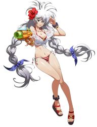 Rule 34 | 1girl, bikini, bracelet, breasts, cleavage, earrings, fingernails, flower, full body, hair flower, hair ornament, hibiscus, highres, holding, jewelry, langrisser, long hair, medium breasts, nail polish, navel, official art, red eyes, sandals, scrunchie, shirt, side-tie bikini bottom, silver hair, simple background, solo, star (symbol), star earrings, stomach, striped bikini, striped clothes, swimsuit, t-shirt, toes, twintails, very long hair, water drop, water gun, wet, wet clothes, white background