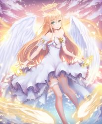 Rule 34 | 1girl, angel, angel wings, aqua eyes, bad id, bad pixiv id, bare shoulders, barefoot, cloud, dress, full body, h2o (dfo), halo, highres, legband, light brown hair, long hair, looking at viewer, magic, original, pink sky, sky, smile, solo, white dress, white wings, wings