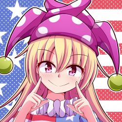 Rule 34 | 1girl, american flag background, american flag print, american flag shirt, aospanking, blonde hair, blue background, blue shirt, blush, closed mouth, clownpiece, fingers to cheeks, hair between eyes, hands up, hat, jester cap, long hair, looking at viewer, multicolored clothes, multicolored shirt, neck ruff, pink eyes, pink hat, pointing, polka dot, print shirt, red background, red shirt, shirt, short sleeves, smile, solo, star (symbol), star in eye, star print, starry background, symbol in eye, touhou, upper body, white background, white shirt
