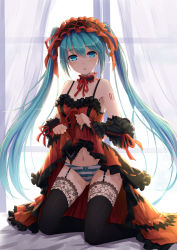 Rule 34 | 10s, 1girl, aqua eyes, aqua hair, bare arms, black thighhighs, byakuya reki, choker, cosplay, date a live, detached sleeves, full body, garter straps, gothic lolita, hairband, hatsune miku, highres, kneeling, lolita fashion, lolita hairband, long hair, looking at viewer, modern drawing style, navel, panties, revision, ribbon, solo, striped clothes, striped panties, thighhighs, tokisaki kurumi, tokisaki kurumi (cosplay), twintails, underwear, very long hair, vocaloid