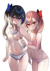 Rule 34 | 2girls, aged down, areola slip, bad id, bad pixiv id, bib, black hair, blue hair, blush, bottle, bow, bra, braid, breasts, flat chest, girls&#039; frontline, hair between eyes, hair bow, hair ornament, hair ribbon, hairclip, hand up, hei d, hexagram, highres, holding, holding bottle, jericho (girls&#039; frontline), long hair, looking at viewer, multicolored hair, multiple girls, navel, negev (girls&#039; frontline), one side up, panties, pink hair, purple eyes, red bow, red eyes, ribbon, small breasts, star of david, stomach, streaked hair, striped clothes, striped panties, thighs, topless, underwear, underwear only
