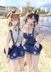 Rule 34 | 2girls, alternate costume, bag, bare arms, bare shoulders, beach, belt, beret, black belt, black hair, black headwear, breasts, brown eyes, brown hair, building, cleavage, commentary request, crop top, cutoffs, denim, denim shorts, feet out of frame, hand on own hip, handbag, hat, kurokoma saki, large breasts, long sleeves, looking at viewer, midriff, multiple girls, ocean, off-shoulder shirt, off shoulder, photo background, pointy hair, ponytail, red eyes, shirt, short hair, short shorts, short sleeves, shorts, sleeveless, sleeveless shirt, smile, standing, syuri22, thighs, touhou, toyosatomimi no miko, water, white shirt