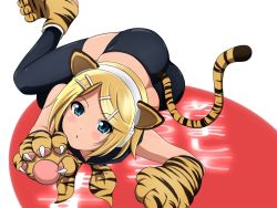 Rule 34 | 1girl, animal costume, animal ears, animal hands, animal print, chinese zodiac, costume, gloves, kagamine rin, kyousei, lying, new year, on side, paw gloves, solo, tail, thighhighs, tiger (chinese zodiac), tiger costume, tiger ears, tiger print, tiger tail, vocaloid