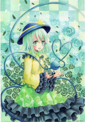 Rule 34 | 10s, 1girl, 2016, :d, aqua theme, blouse, checkered background, dated, eyelashes, frilled skirt, frilled sleeves, frills, green eyes, green skirt, hat, hat ribbon, heart, heart of string, komeiji koishi, leaf, long sleeves, mosho, open mouth, petals, ribbon, shirt, signature, silver hair, skirt, smile, solo, third eye, touhou, traditional media, wide sleeves, wing collar, yellow shirt