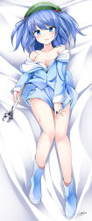 Rule 34 | 1girl, absurdres, bad id, bad pixiv id, blue eyes, blue hair, blush, boots, breasts, cleavage, collarbone, dakimakura (medium), full body, gradient background, hair bobbles, hair ornament, hat, highres, kawashiro nitori, looking at viewer, lying, maremay0513, matching hair/eyes, off shoulder, small breasts, solo, sweatdrop, touhou, two side up, wrench