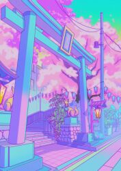 Rule 34 | absurdres, architecture, building, cherry blossoms, cherry tree, east asian architecture, falling petals, fox statue, gradient sky, green sky, hanging lantern, highres, lantern, neon palette, no humans, original, owakita, pastel colors, petals, pink petals, plant, potted plant, power lines, scenery, sky, stairs, tile floor, tiles, torii, utility pole, yellow sky