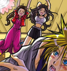 Rule 34 | 00s, 1boy, 2000s (style), 2girls, aerith gainsborough, bare arms, black hair, blonde hair, blue eyes, blue shirt, blush, braid, breasts, brown hair, closed eyes, cloud strife, cropped jacket, curly hair, dress, earrings, final fantasy, final fantasy vii, garakuta (chika), jacket, jewelry, jumping, large breasts, long dress, long hair, low-tied long hair, lower teeth only, midriff, miniskirt, multiple girls, navel, open mouth, parted bangs, pink dress, red jacket, shirt, skirt, smile, spiked hair, square enix, straight hair, suspender skirt, suspenders, sweatdrop, teeth, tifa lockhart, upper teeth only, waking up, white shirt