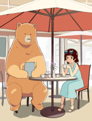 Rule 34 | 10s, 1girl, amayadori machi, bare shoulders, bear, black hair, blue dress, blunt bangs, blush, brown eyes, commentary request, cup, dress, eyewear on head, flower, glasses, highres, kumai natsu, kumamiko, long hair, low twintails, parasol, sandals, saucer, sitting, sleeveless, sleeveless dress, sunglasses, table, tablet pc, teacup, toes, tomitayaki, twintails, umbrella, vase