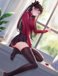 Rule 34 | 1girl, black skirt, black thighhighs, blue eyes, blush, breasts, brown hair, fate/stay night, fate (series), feet, highres, long hair, long sleeves, looking at viewer, sansan (dongfangzhong111), skirt, soles, solo, thighhighs, tohsaka rin, two side up
