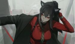 Rule 34 | 1girl, animal ear fluff, animal ears, arknights, black hair, black jacket, cigarette, commentary request, dressing, gae tteok00, gloves, grey necktie, harness, highres, jacket, korean commentary, long hair, looking to the side, necktie, official alternate costume, outdoors, ponytail, red eyes, red gloves, red shirt, ruins, shirt, sidelocks, smoke, smoking, solo, striped necktie, texas (arknights), texas (willpower) (arknights), upper body, wolf ears, wolf girl