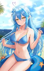 Rule 34 | 1girl, arms up, beach, bikini, blue hair, blue nails, blue sky, blurry, blurry background, blush, breasts, cleavage, closed mouth, cloud, collarbone, crab, day, flower, hair flower, hair ornament, highres, hololive, innertube, large breasts, long hair, looking at viewer, nail polish, navel, ocean, outdoors, pointy ears, revision, sand, sauvignon, side-tie bikini bottom, sitting, sky, smile, solo, starfish, stomach, string bikini, swim ring, swimsuit, thighs, very long hair, virtual youtuber, water drop, wet, white flower, yellow eyes, yukihana lamy