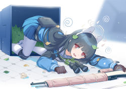Rule 34 | 1girl, 2r- (pixiv8168114), @ @, absurdres, all fours, bag, binoculars, black hair, blue archive, blue serafuku, blue skirt, bolt action, brown gloves, commentary request, day, dirty, floor, full body, gloves, green neckerchief, gun, hairband, highres, leaf, long hair, long sleeves, looking at viewer, miyu (blue archive), mosin-nagant, neckerchief, open mouth, outdoors, pantyhose, pouch, rifle, school uniform, serafuku, sidelocks, skirt, solo, tearing up, teeth, thighs, tongue, top-down bottom-up, weapon, white pantyhose