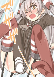 Rule 34 | 10s, 1girl, absurdres, amatsukaze (kancolle), ascot, black dress, blush, covering crotch, covering privates, dress, dress tug, embarrassed, hair tubes, highres, kantai collection, long hair, one eye closed, open mouth, red thighhighs, ryuki (ryukisukune), sailor dress, short dress, silver hair, solo, striped clothes, striped thighhighs, tears, thighhighs, toe scrunch, twintails, two side up, wavy mouth